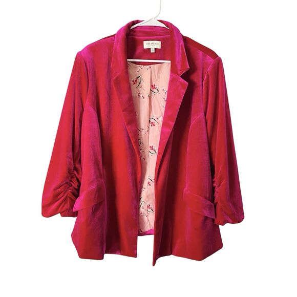 Skies are Blue Curvy Velvet Blazer Jacket Womens 2X Magenta 3/4 Ruched Sleeve - Picture 2 of 10